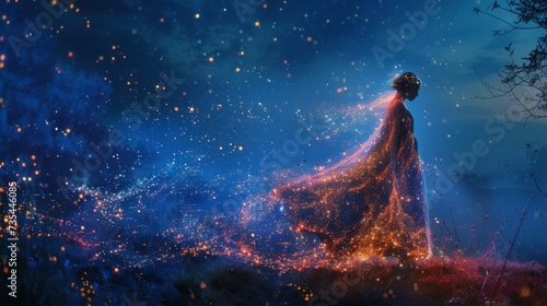 In the stillness of the night, a woman in a fiery dress illuminates the sky with sparks, surrounded by the beauty of nature and the twinkling stars