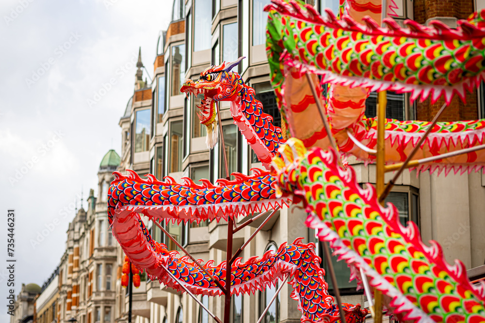 Dragon dance during Chinese lunar year celebrations in London, England