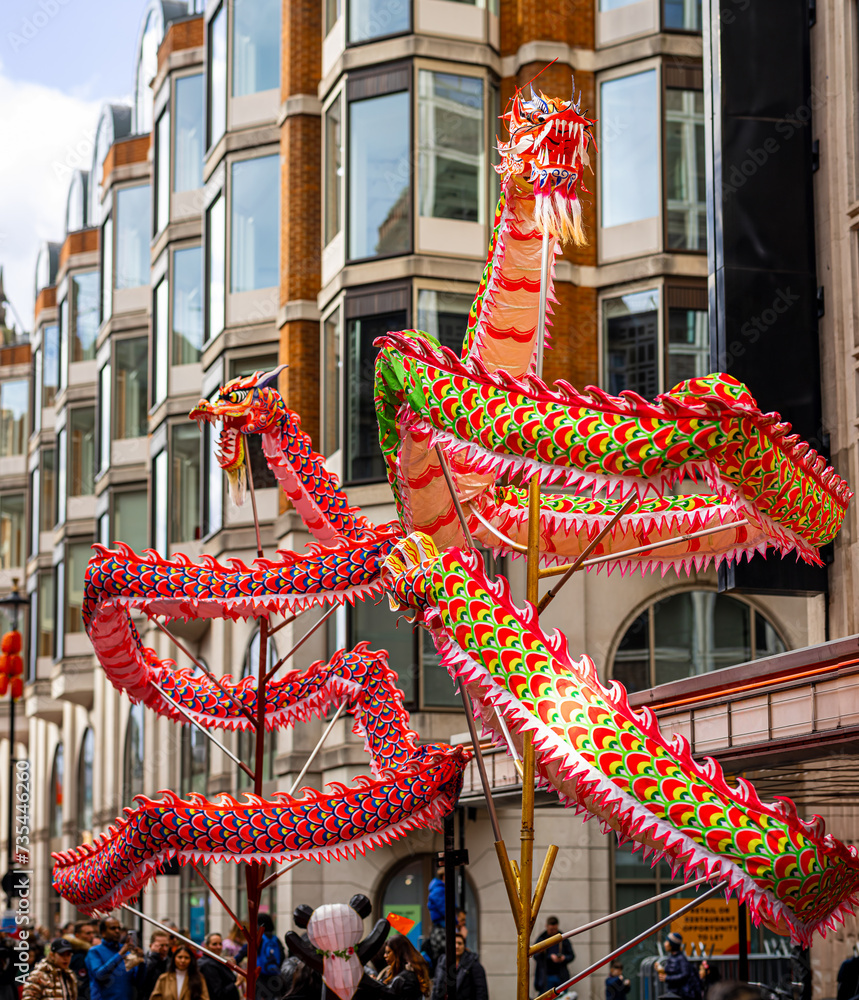 Dragon dance during Chinese lunar year celebrations in London, England