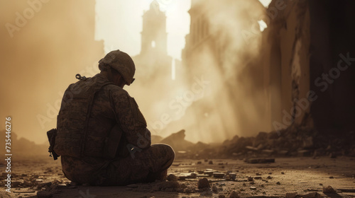 Prayer amidst devastation, soldier finds solace in the ruins of war