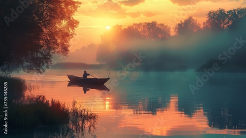 As the sun rises over the misty lake  a lone figure navigates their boat through the tranquil waters  surrounded by the peaceful embrace of nature