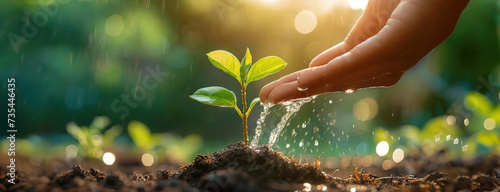 A caring hand watering a young sapling planted in fertile soil, with droplets of water and sunlight highlighting the importance of nurturing growth. Earth day. photo