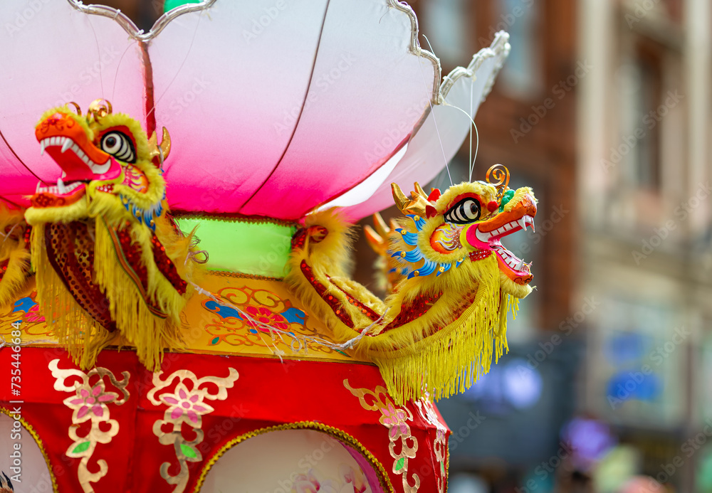 Dragon dance during Chinese lunar year celebrations in London, England