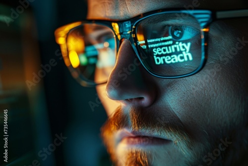 Cybersecurity Concept, Security Breach Reflection in Glasses on Man by Computer Monitor