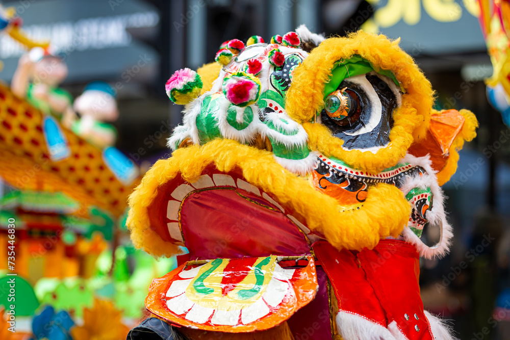 Dragon dance during Chinese lunar year celebrations in London, England