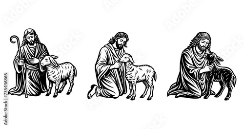 Shepherd Jesus Christ take care of missing lamb. Vector set linocut art illustration 