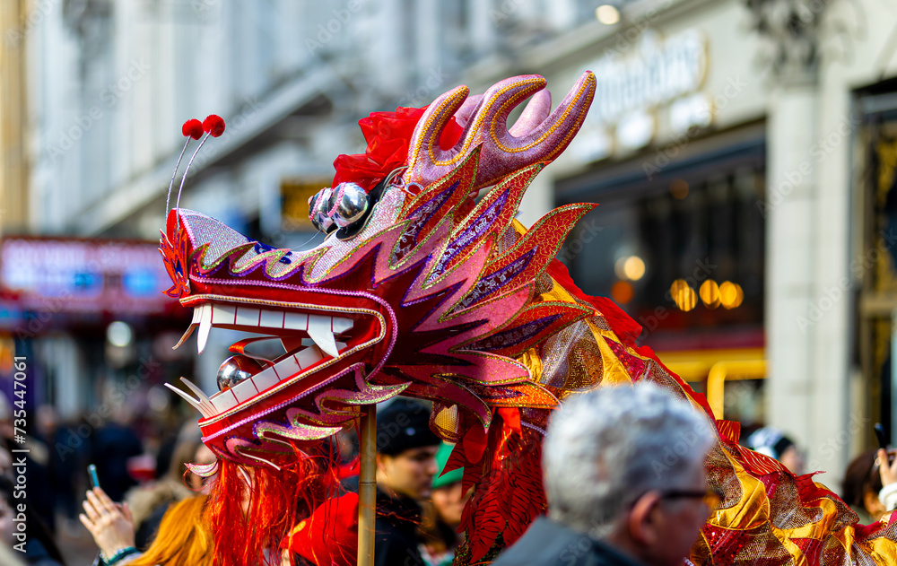 Dragon dance during Chinese lunar year celebrations in London, England