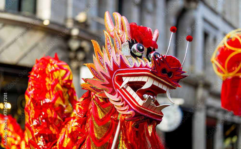 Dragon dance during Chinese lunar year celebrations in London, England