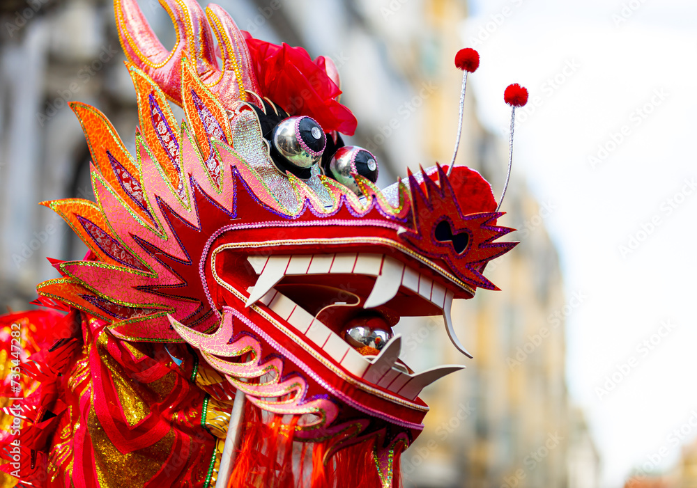 Dragon dance during Chinese lunar year celebrations in London, England