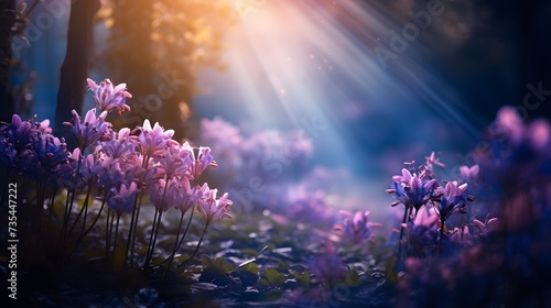 High-quality image, magical forest TRUPICAL FLOWERS BLUE AND PURPLE, warm and pleasant soft lighting, amazing sun, amazing depth of field, high detail, perfect accuracy, perfect composition