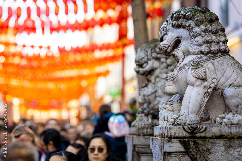 Dragon dance during Chinese lunar year celebrations in London, England