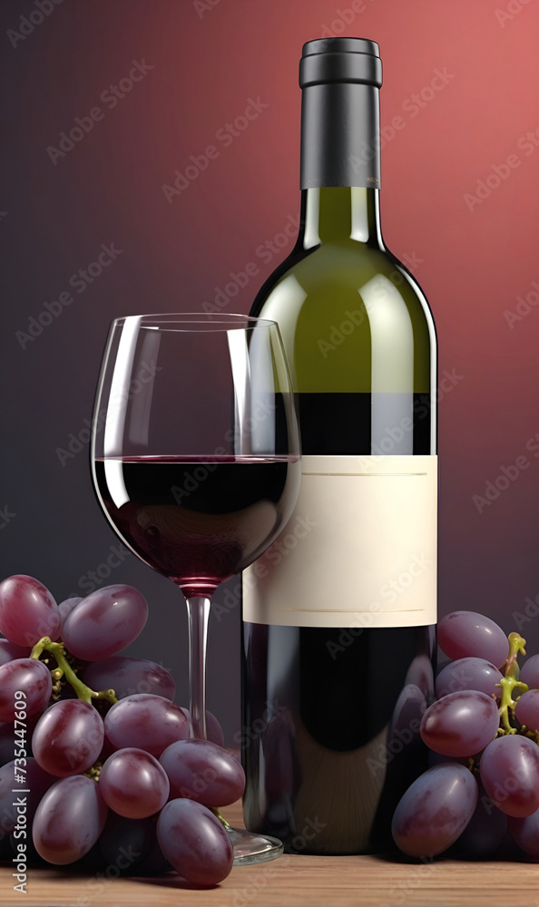 A bottle of wine and a wine glass next to a bunch of grapes