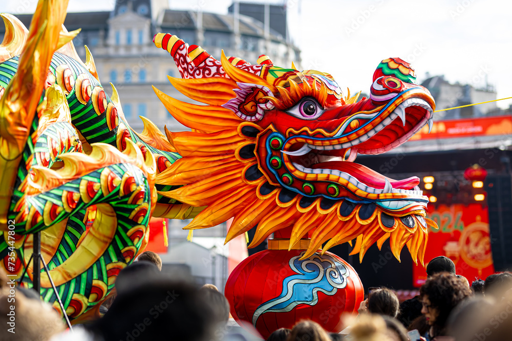 Dragon dance during Chinese lunar year celebrations in London, England