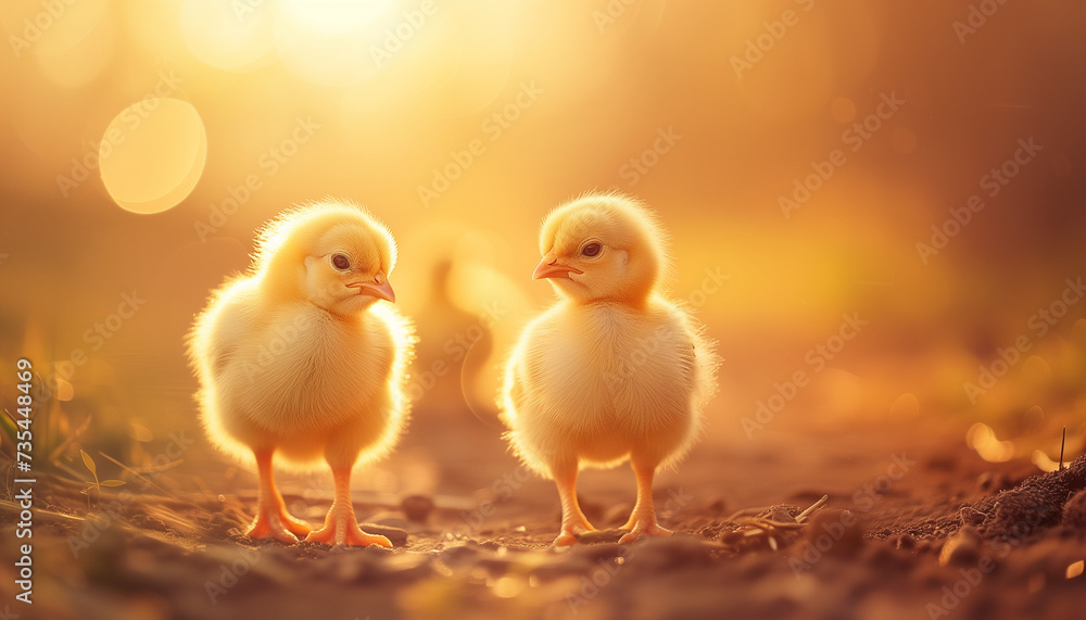 Two fluffy yellow chicks stand side by side, bathed in the warm golden glow of a setting sun