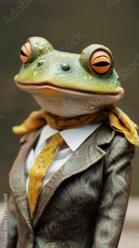 An elegant green frog with tie in an office business light suit . The concept is suitable for corporate or business themes
