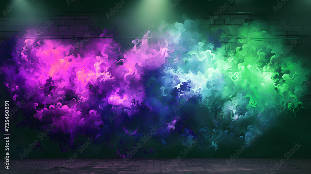 Mystical Vapor Mural. A vibrant  digital illustration of swirling vapor in a spectrum of colors, ideal for captivating wall art and creative installations.