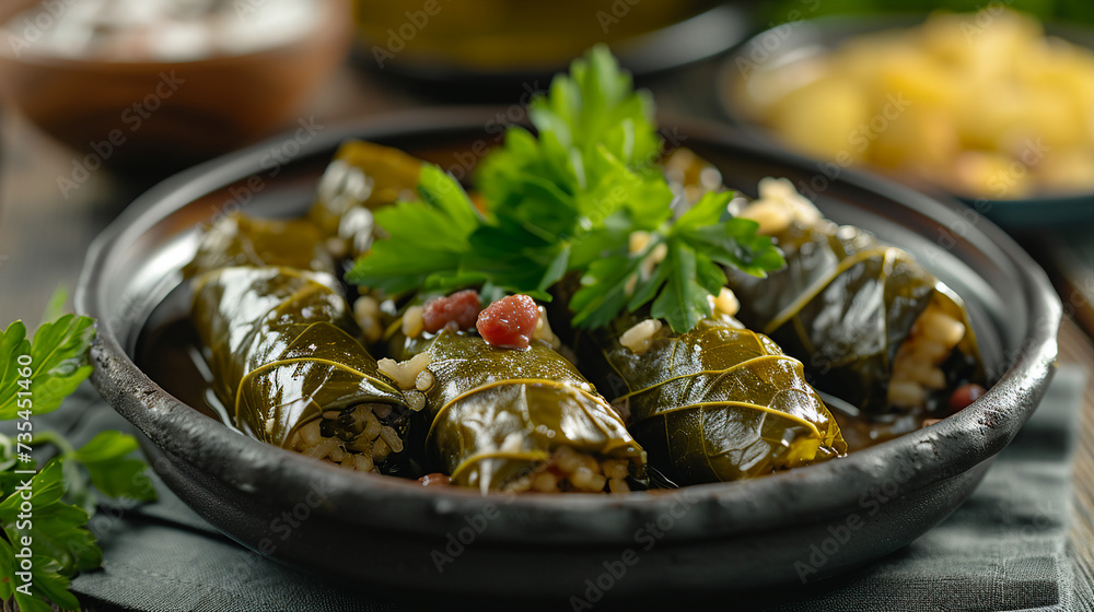 Greek-style Stuffed Grape Leaves with Rice Delight Photo Greek-style Stuffed Grape Leaves with Rice Delight Photo
