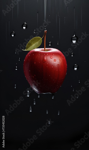 Red apple with water droplets on dark background