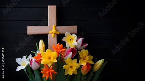 Vibrant tulips and daffodils blooming around a wooden cross, heralding the arrival of spring and the promise of new beginnings on Easter.