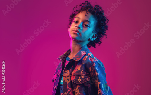 A young child with curly hair and a trendy jacket strikes a confident pose against a dual-toned pink and blue neon background.