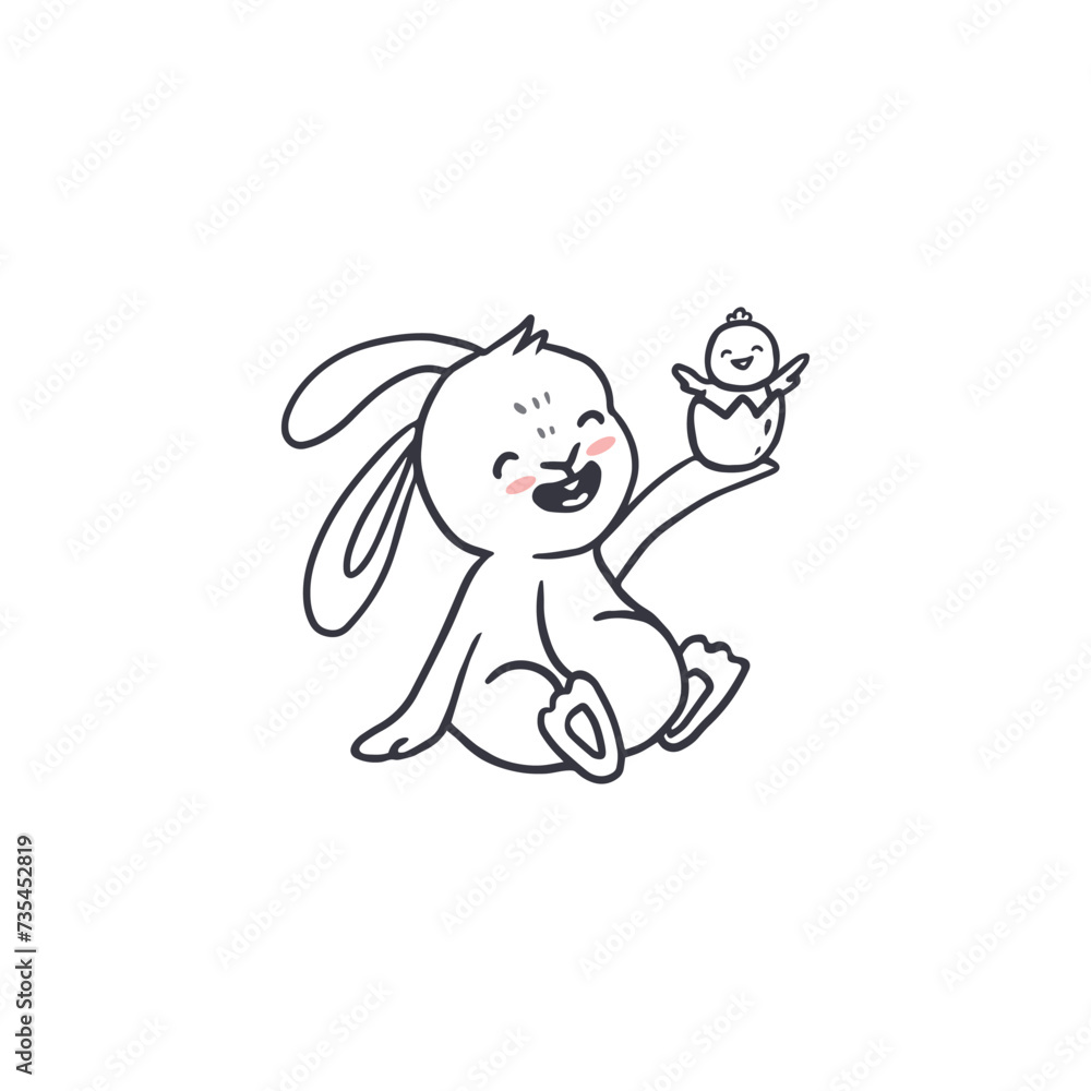 Fototapeta premium cute cartoon bunny with egg and chick for easter and spring. Doodle style. Vector