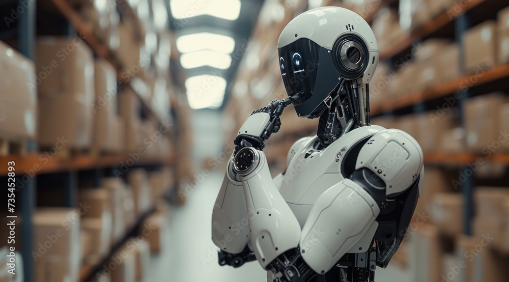 robot in warehouse stand up with his smartwatch