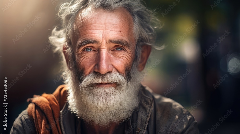 Portrait of an elderly man with a beard, expressing wisdom and kindness in his gaze, bathed in warm light