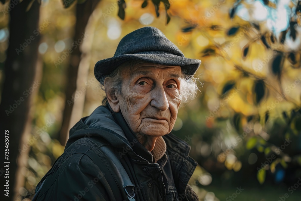 A contemplative elderly man with wrinkles, wearing a hat, gazes into the distance in a park with autumn foliage A contemplative elderly man with wrinkles, wearing a hat, gazes into the distance in a park with autumn foliage