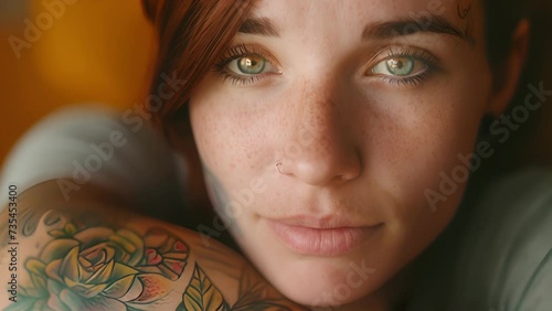 A woman with a tattooed arm and tired eyes trying to resist the urge to take another hit during her withdrawal from, Close-Up of female With Arm Tattoo