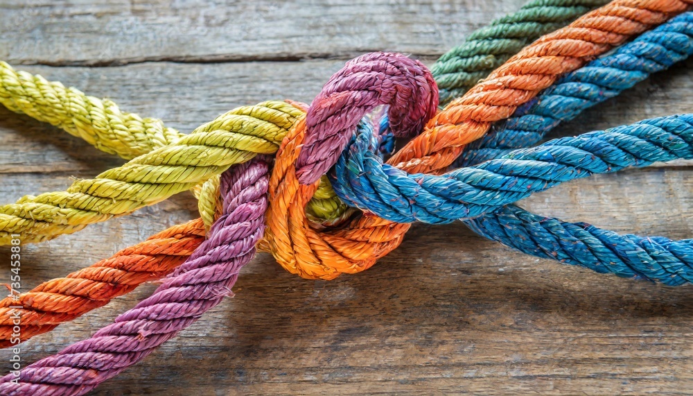 colorful various ropes are woven into a knot teamwork concept