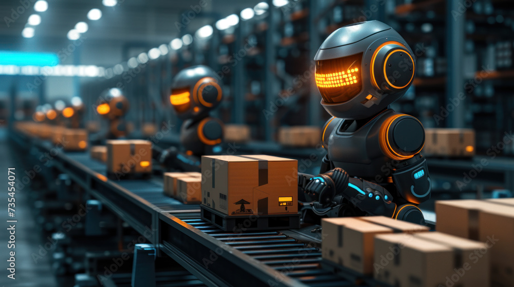 robot in warehouse stand up with his smartwatch robot in warehouse stand up with his smartwatch