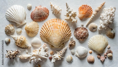 collection of seashells and corals scattered on a white background top view