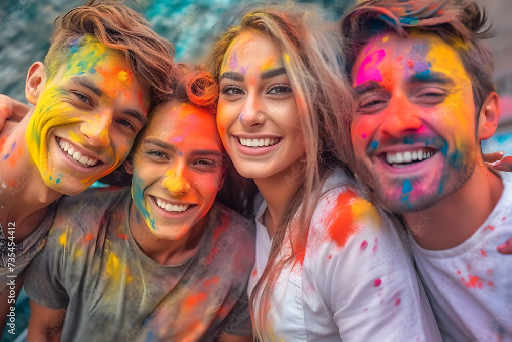 image of cheerful youth with colorful faces celebrating Holi festival of colors image of cheerful youth with colorful faces celebrating Holi festival of colors