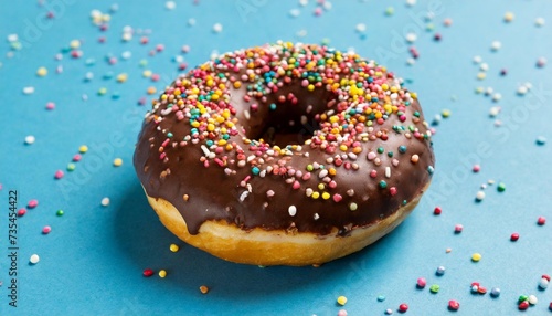 chocolate glazed donut with sprinkles on a blue background