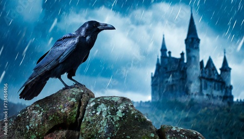horror scene with a raven in front and castle at back under rain at dusk on blue background photo