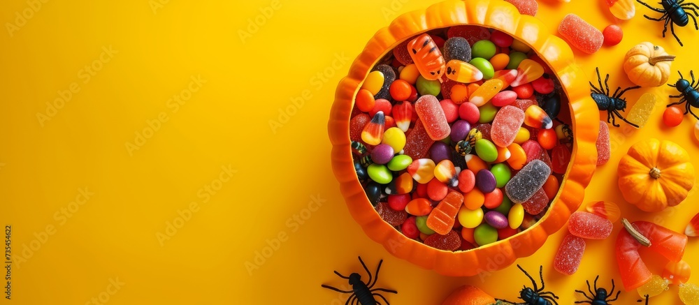 Spooky Halloween bowl filled with assorted colorful candy and a creepy spider