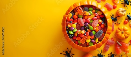 Spooky Halloween bowl filled with assorted colorful candy and a creepy spider photo