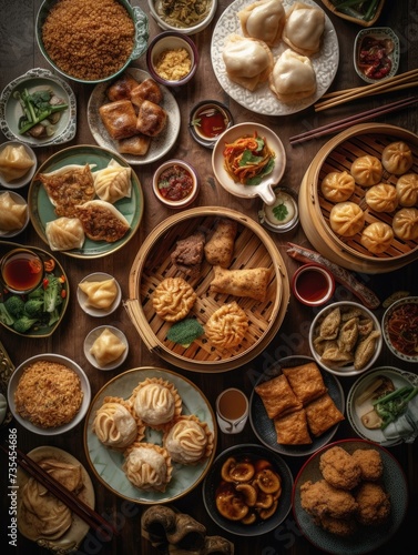 Variety of chinese food on a table.