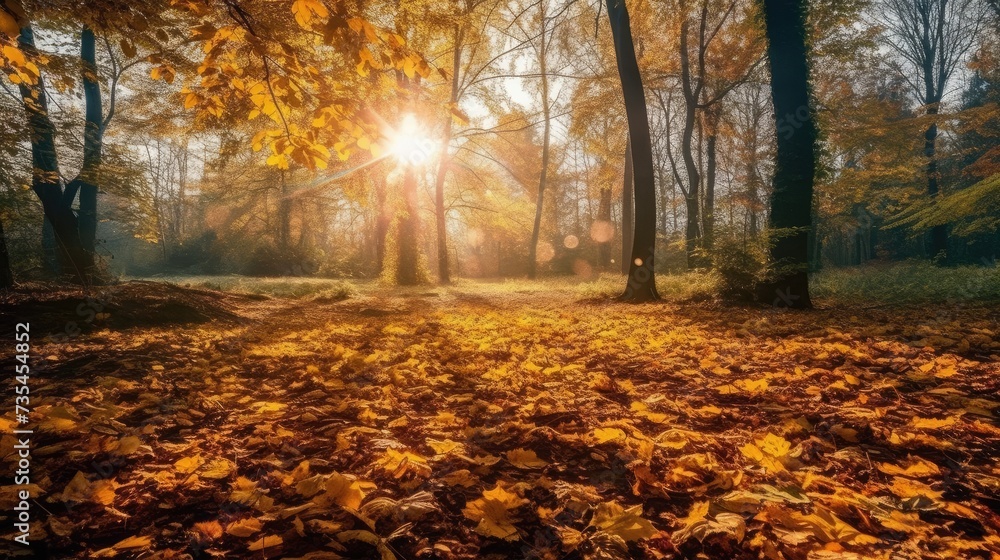 Sun shines through the leaves in an autumn forest.