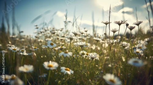 Field of white daisies in the sun.