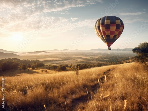 Hot air balloon is flying over a grassy field.