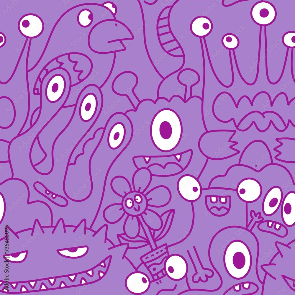 Cartoon monsters seamless funny aliens and rabbit and cactus and flower pattern for wrapping paper and linens Cartoon monsters seamless funny aliens and rabbit and cactus and flower pattern for wrapping paper and linens
