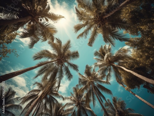 Looking up at palm trees under a blue sky. © Tamazina