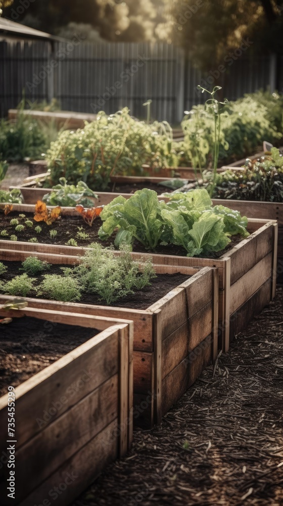 Raised garden bed filled with vegetables.
