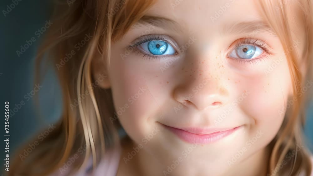 A young girl with a brave smile on her face her eyes shining with resilience as she works through her PTSD with the support of therapy, Close-Up of Young Girl With Blue Eyes A young girl with a brave smile on her face her eyes shining with resilience as she works through her PTSD with the support of therapy, Close-Up of Young Girl With Blue Eyes