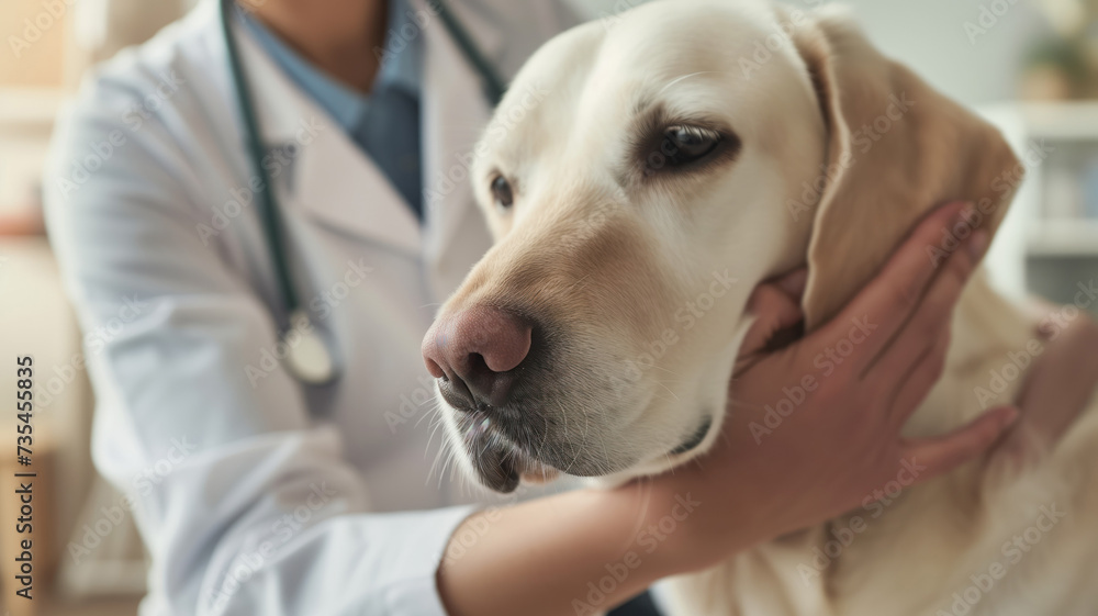 Veterinarian petting relaxed white dog after inspection of its health, doctor in a medical gown and gloves at the background