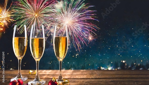silvester party happy new year new year s eve party festival background banner greeting card champagne or sparkling wine glasses clinking and colorful firewrk pyrotechnics on dark night sky