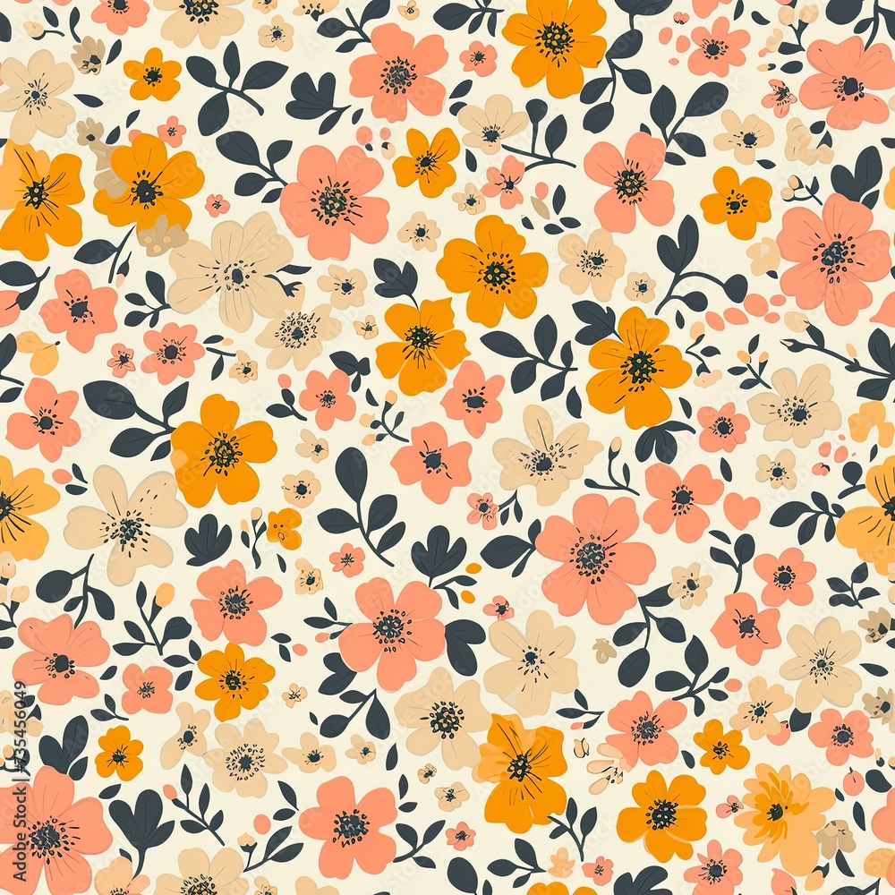 Folk style spring flowers, illustration, continuous seamless pattern. Folk style spring flowers, illustration, continuous seamless pattern.