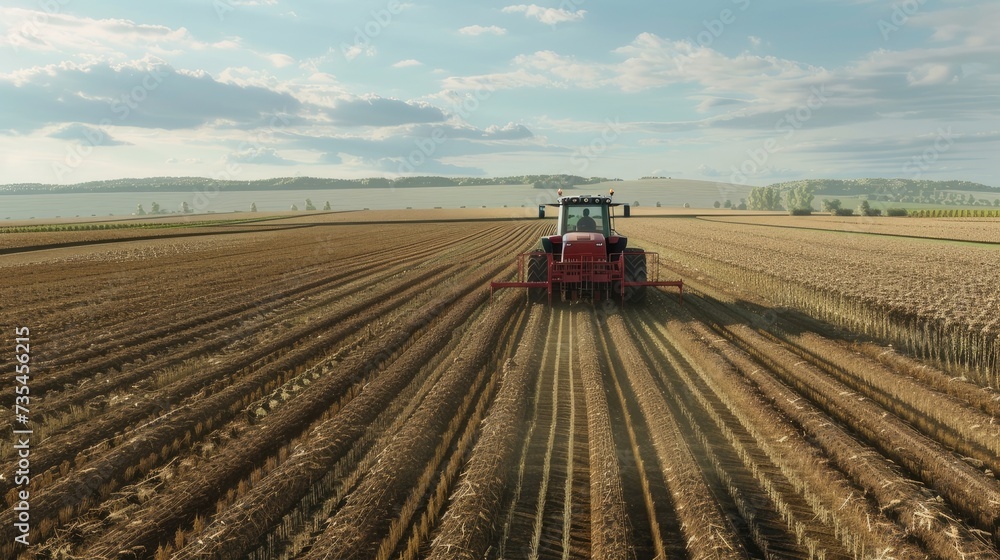 a tractor is cultivating a field to display modern technology with agricultural landscapes. spraying pesticides or attacking pests to demonstrate the effectiveness of modern farming methods. a tractor is cultivating a field to display modern technology with agricultural landscapes. spraying pesticides or attacking pests to demonstrate the effectiveness of modern farming methods.