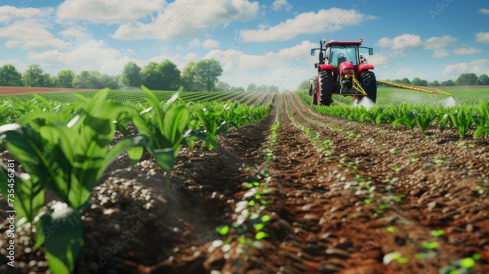 a tractor is cultivating a field to display modern technology with agricultural landscapes. spraying pesticides or attacking pests to demonstrate the effectiveness of modern farming methods. a tractor is cultivating a field to display modern technology with agricultural landscapes. spraying pesticides or attacking pests to demonstrate the effectiveness of modern farming methods.